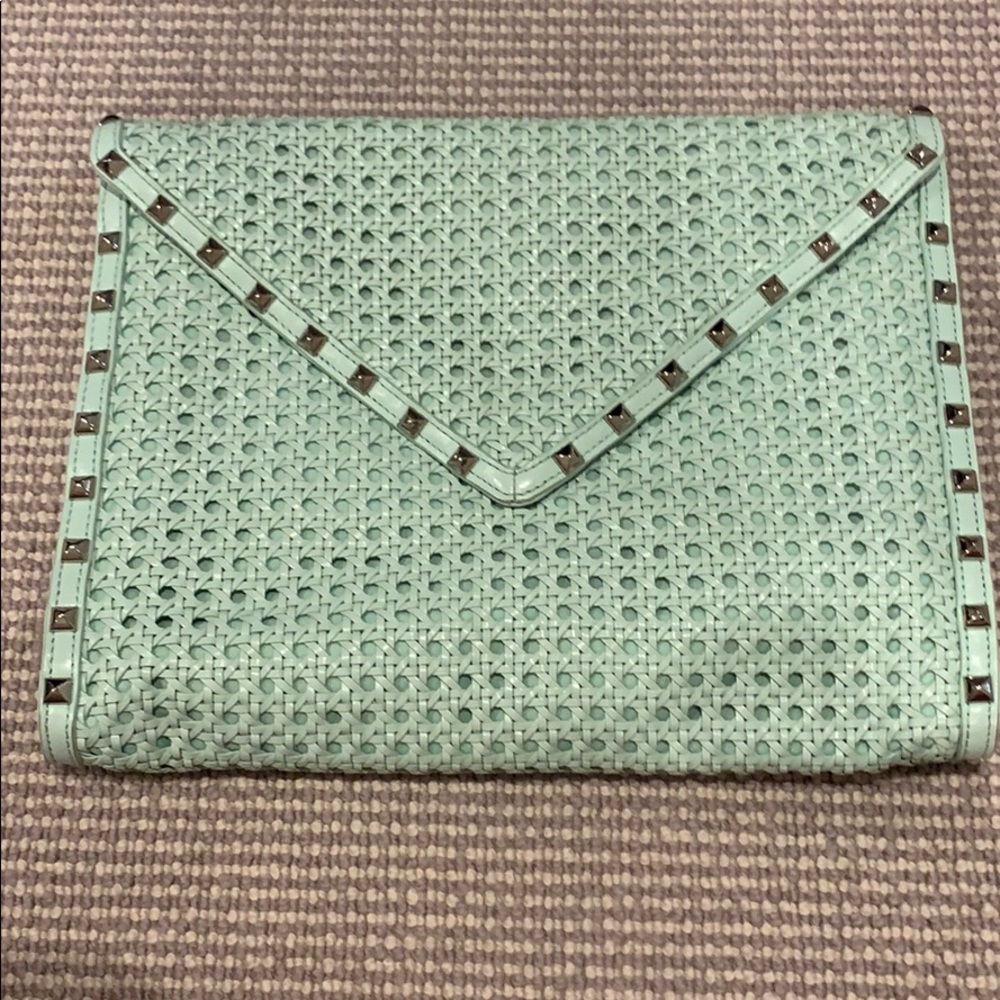 Rebecca Minkoff mint green woven envelope clutch